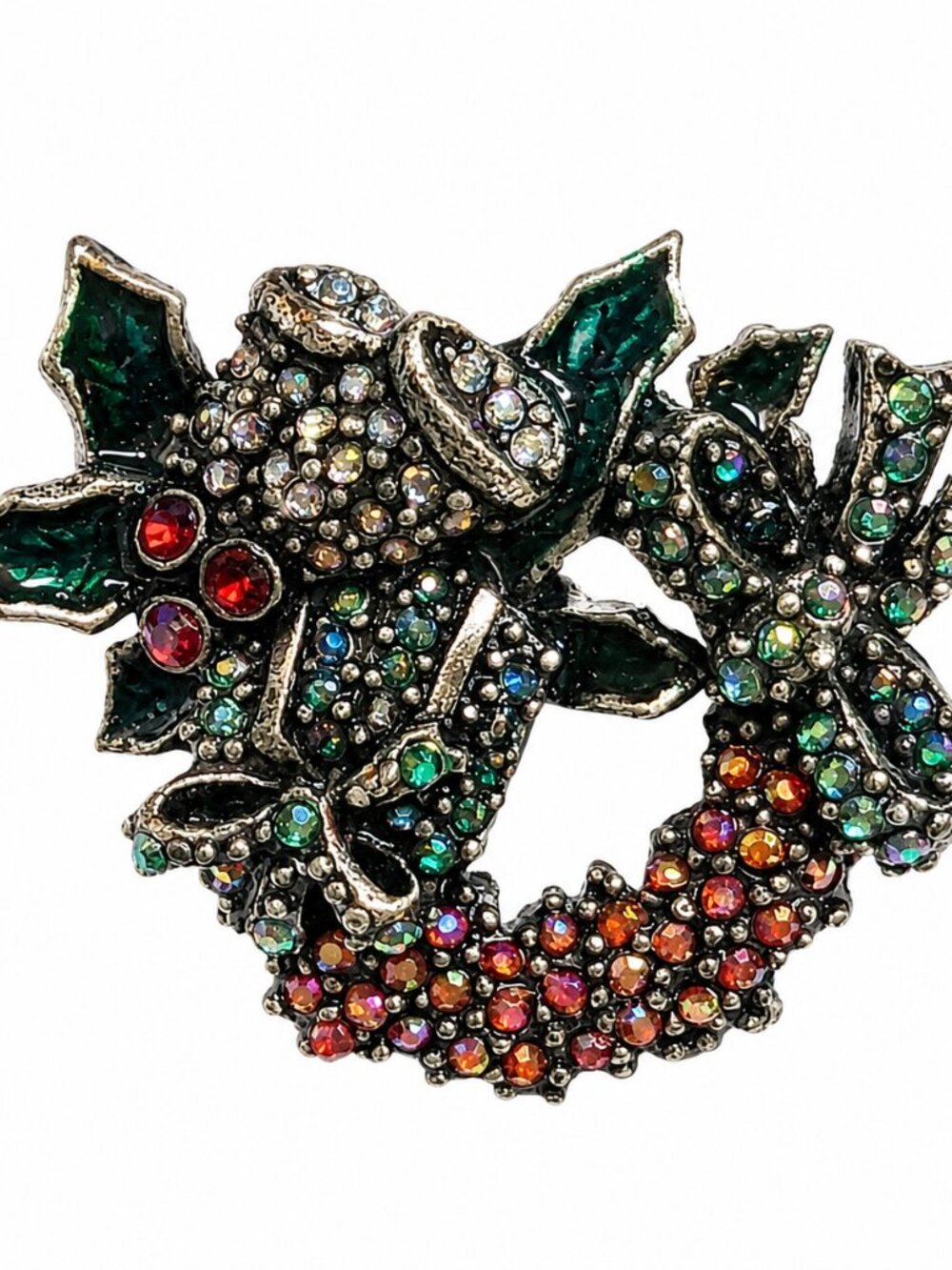 Vintage‎ Holiday Rhinestone Wreath Brooch – Enamel Leaves & Bells